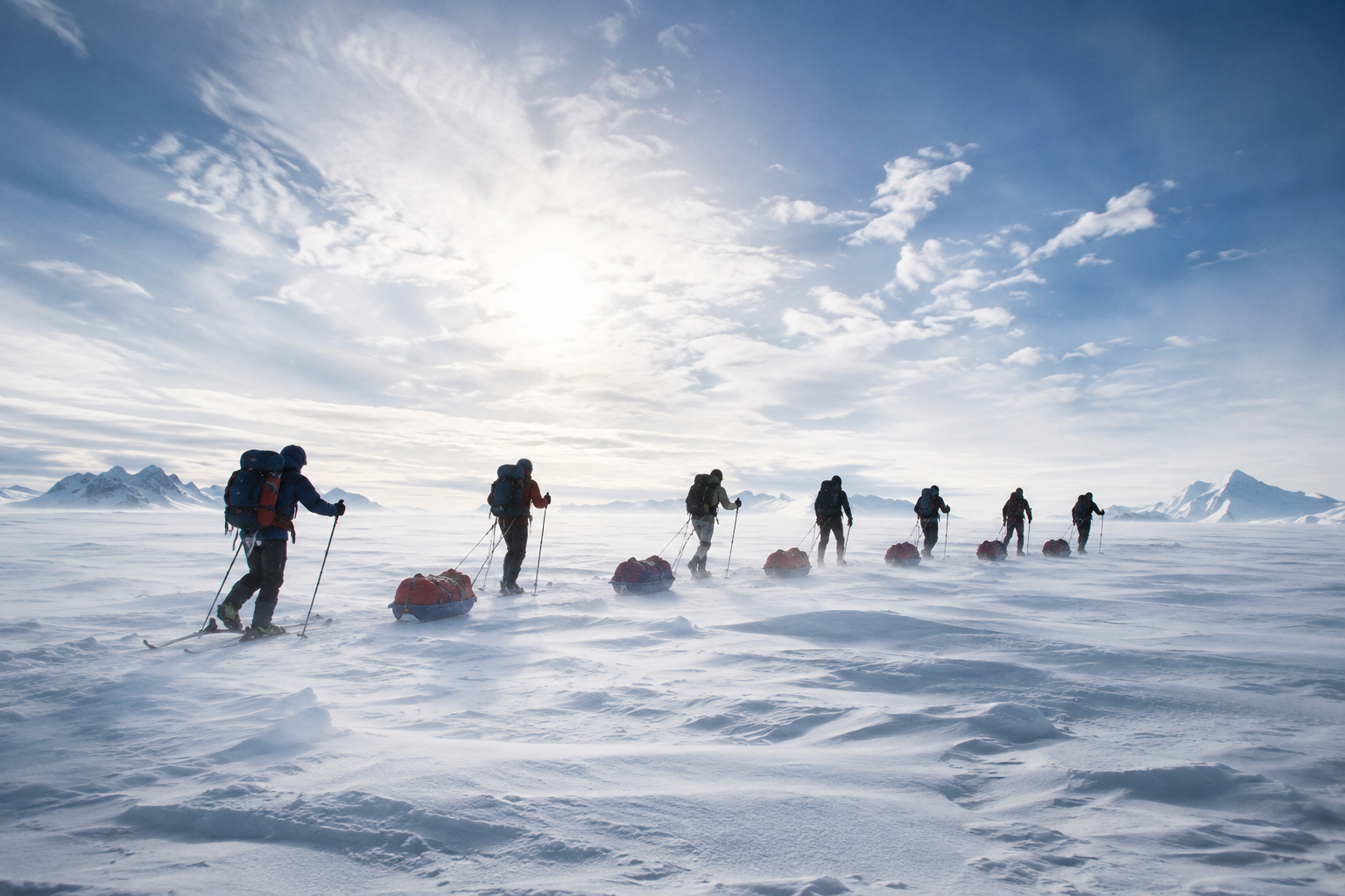 Ski expedition crossing a vast polar ice sheet under a bright arctic sun