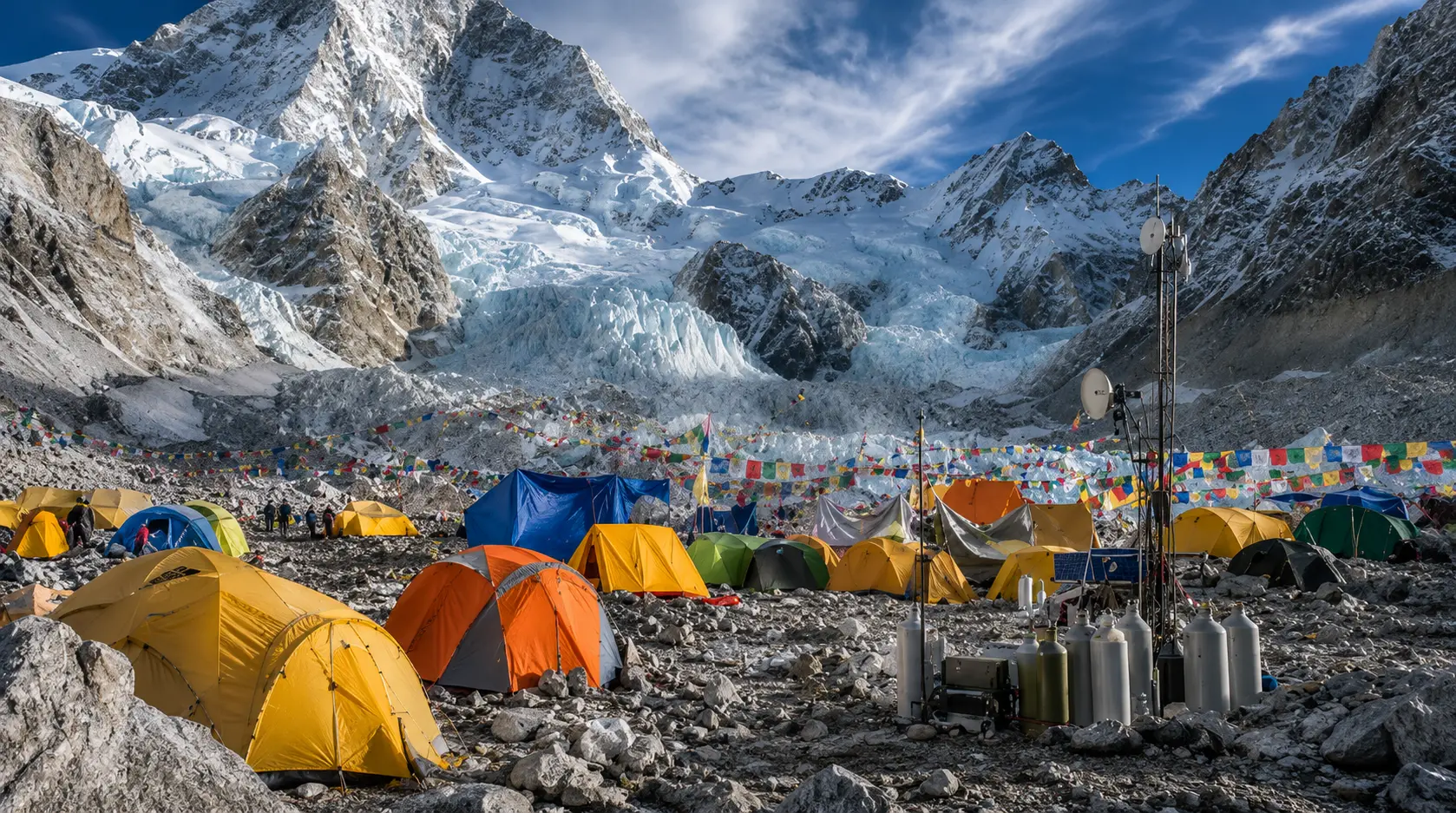 Colorful expedition tents at Everest Base Camp beneath the Khumbu Icefall