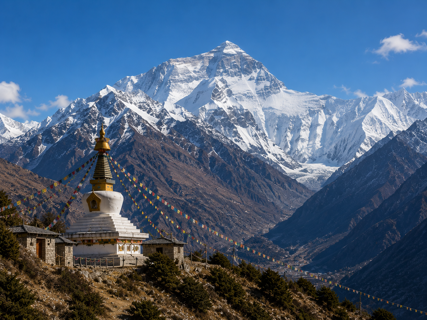 Mount Everest with Himalayan stupa and prayer flags
