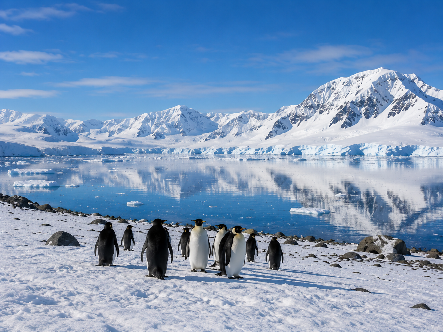 Emperor penguins on Antarctic shore with snow mountains
